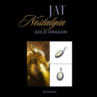 JAT Nostalgia Gold Dragon jewelry collection with a dragon illustration and two images of a pendant on a black background.