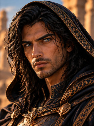 Close-up portrait of a Burning Djinn Flamewarden Spirit Guide with dark hair, blue eyes, a black embroidered hood and desert fortress background.