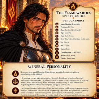 Burning Djinn Flamewarden Spirit Guide portrait with demographics and personality profile highlighting discipline, truth, intuition and inner strength.